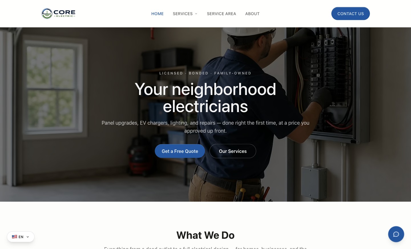 Screenshot of the Core Electric website
