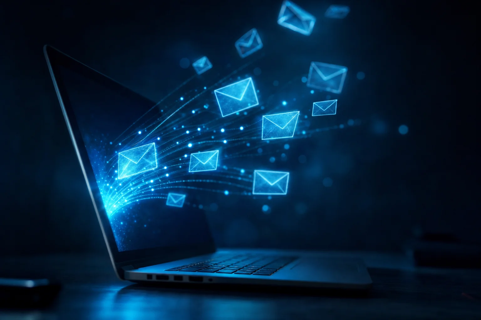 Envelope icons rising from a laptop screen along light trails