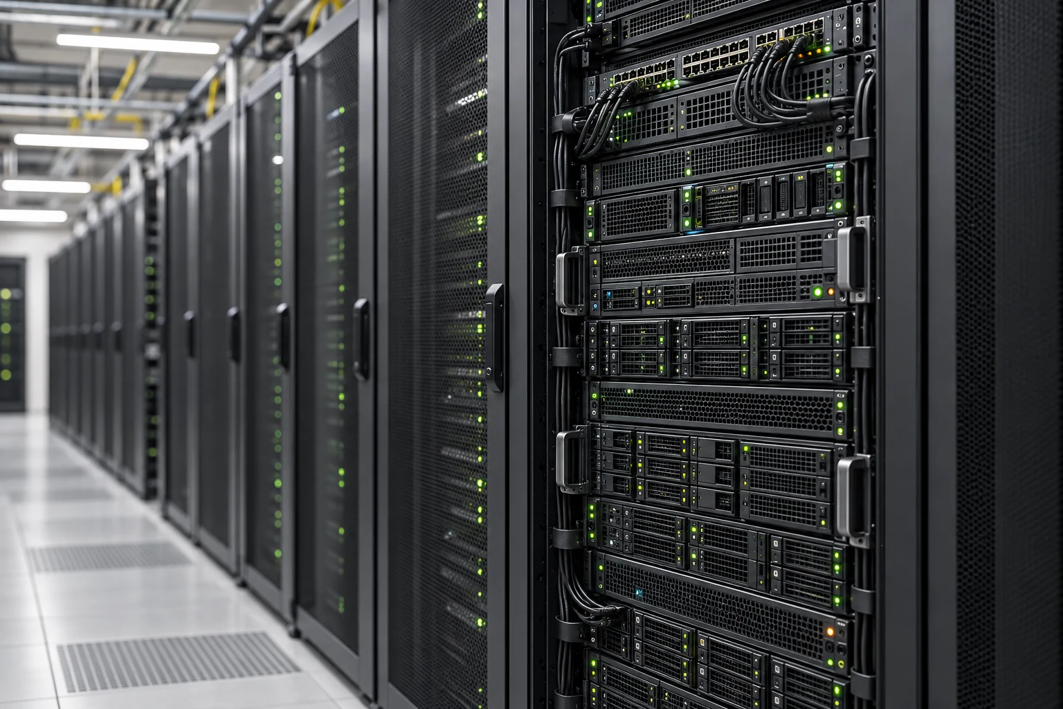 Pasillo de un centro de datos empresarial en la nube con racks de servidores de altura completa y luces de estado verdes