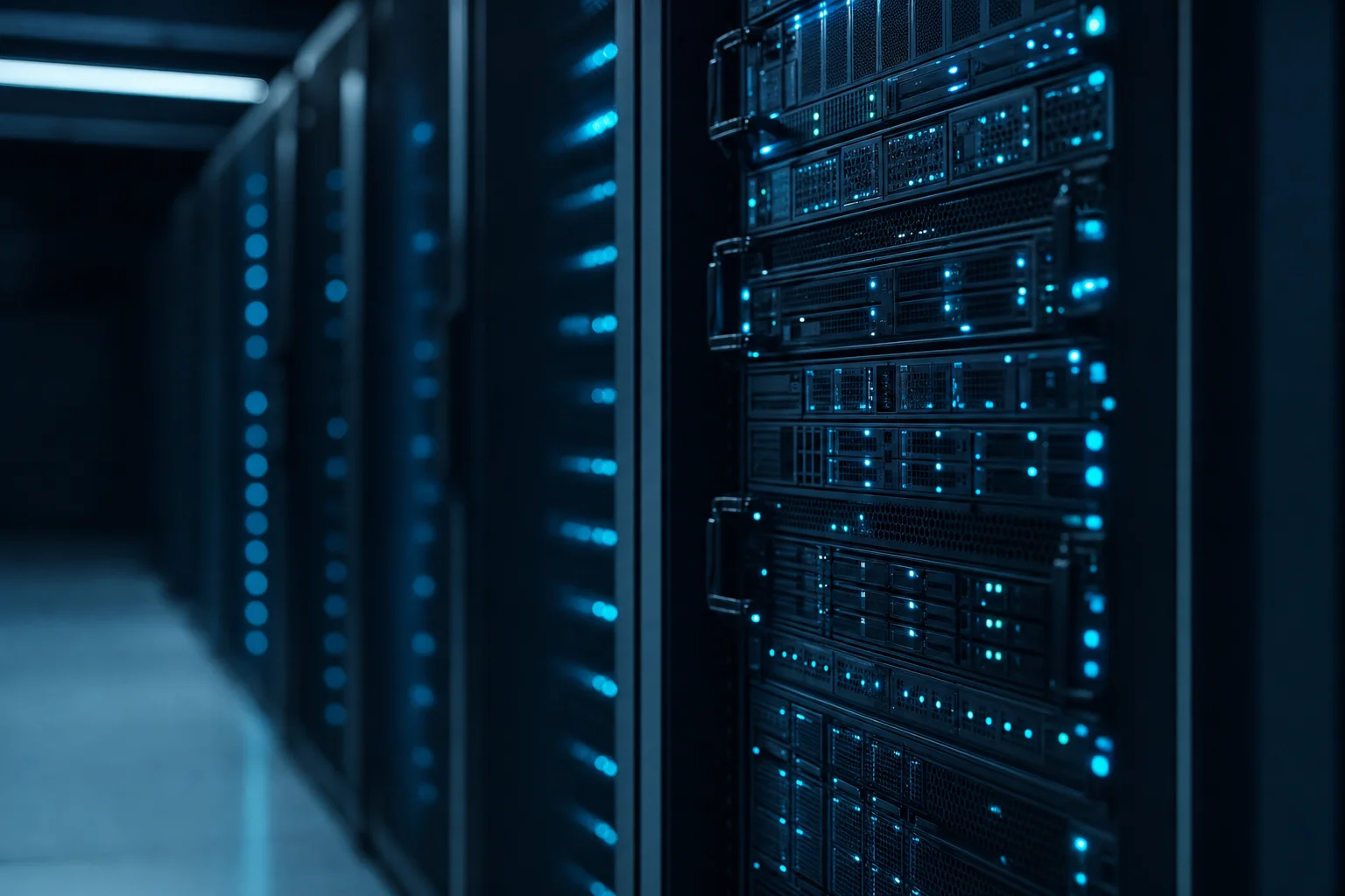 Server racks in a data center aisle with rows of indicator lights