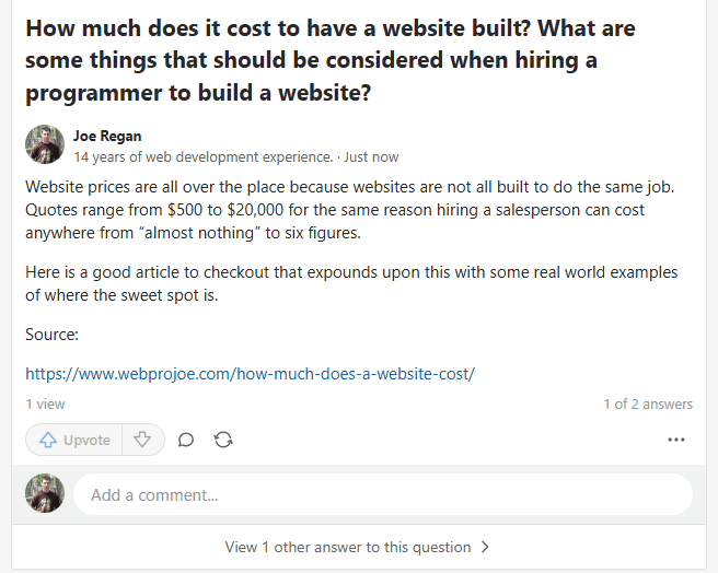 Answer to the Quora question about website cost