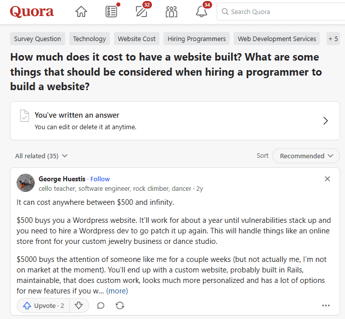 Quora question asking how much a website costs