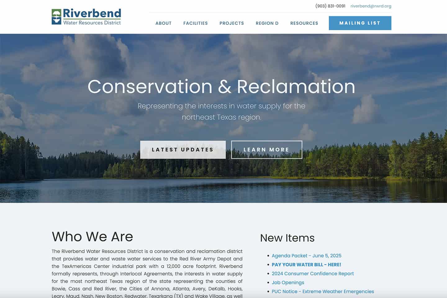 Screenshot of the Riverbend Water Resources District website