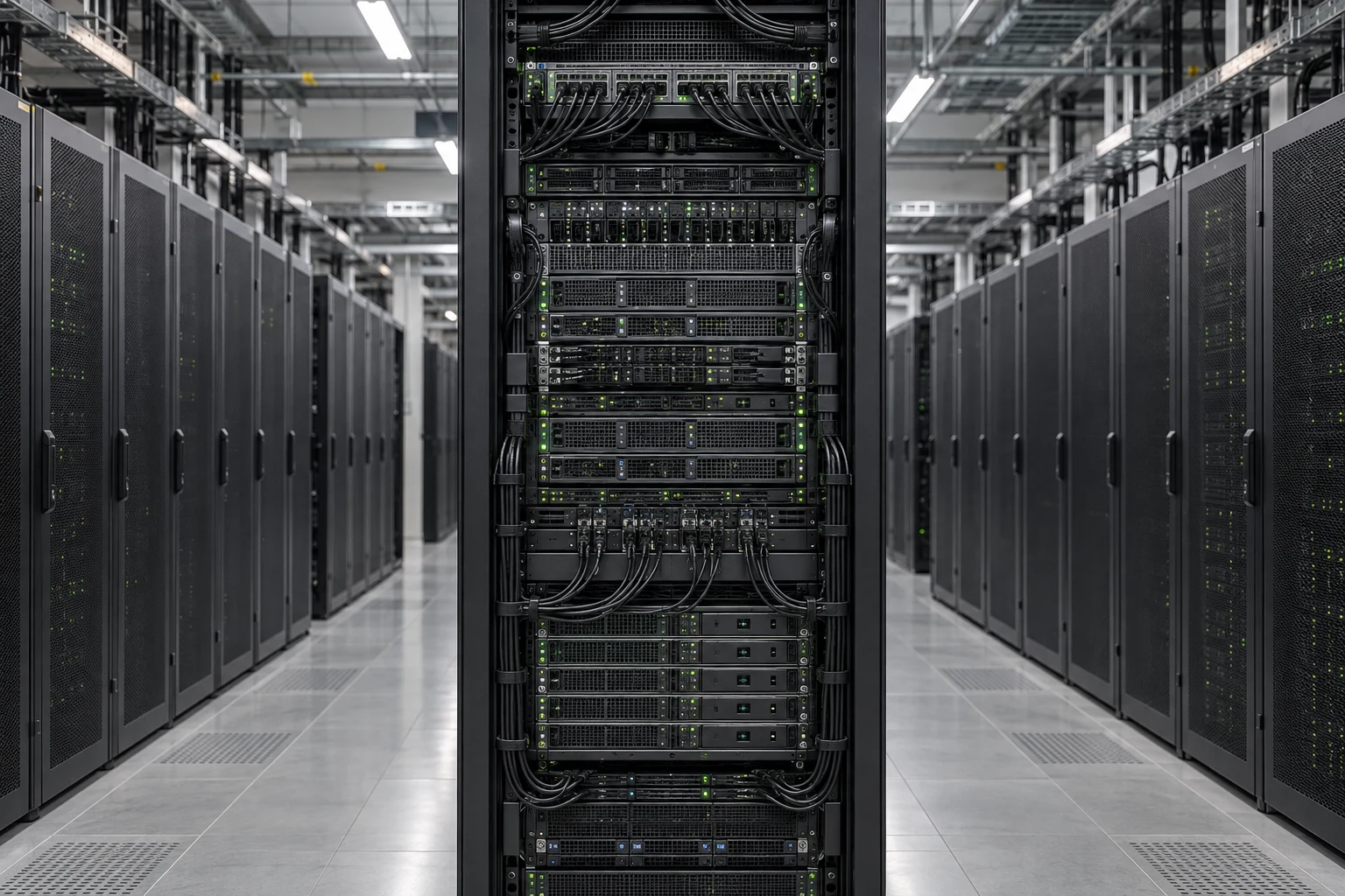 Enterprise cloud data center with full-height server racks and green status lights