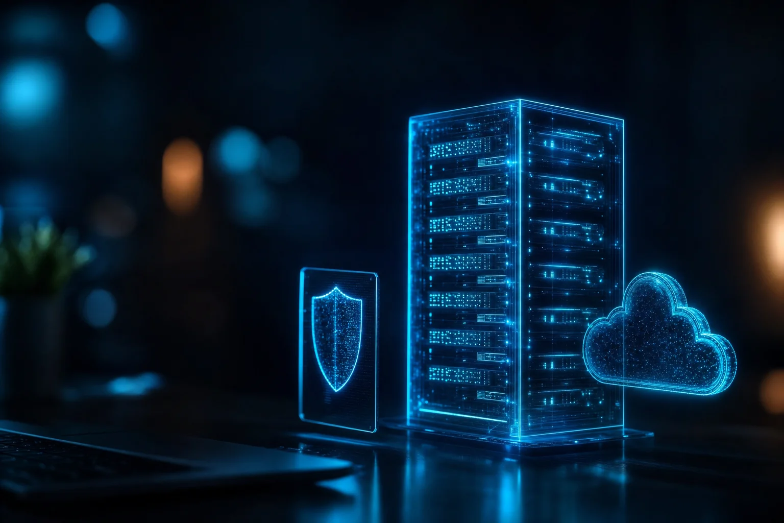 Glowing server tower beside a floating shield and cloud panel