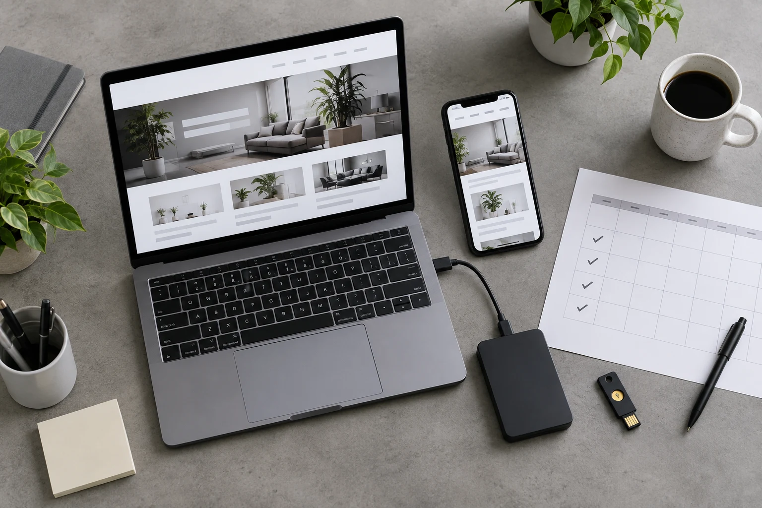 Responsive website, backup drive, security key, and maintenance calendar