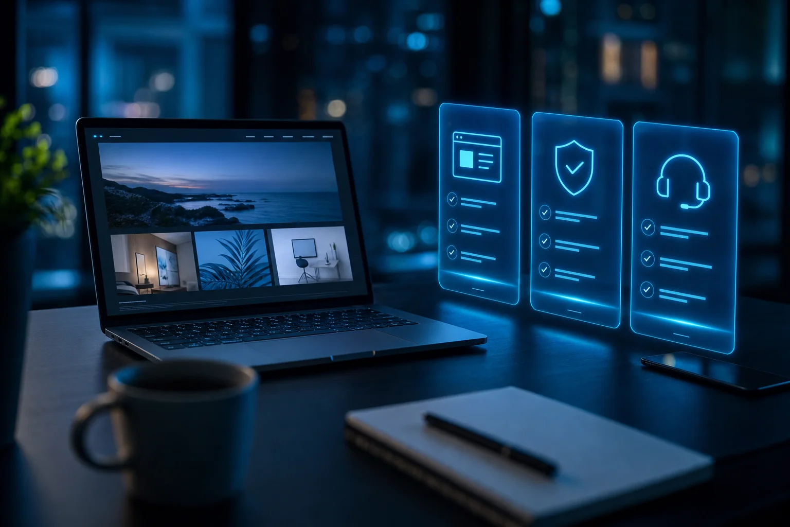 Laptop showing a website beside three glowing plan panels