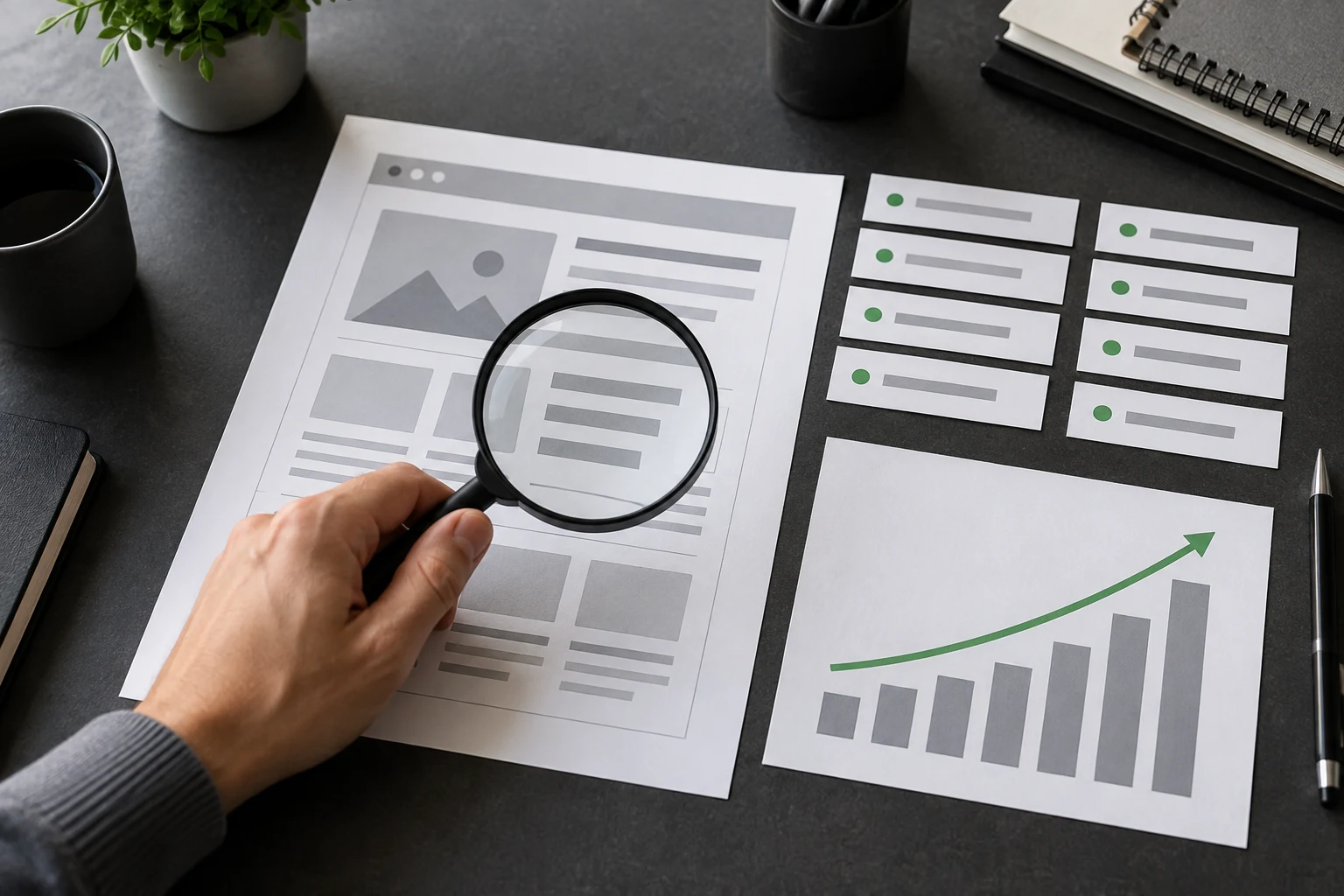 Website audit materials under a magnifying glass beside a rising performance chart