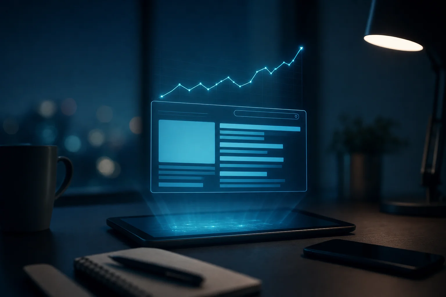 Tablet projecting a glowing search results panel beside a rising ranking graph