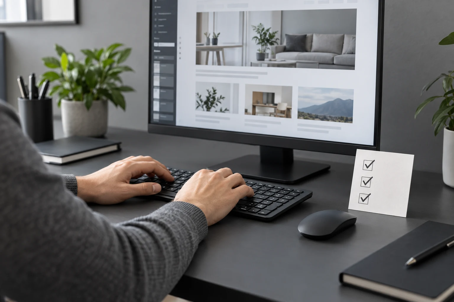 Web professional completing content updates beside a checked task card