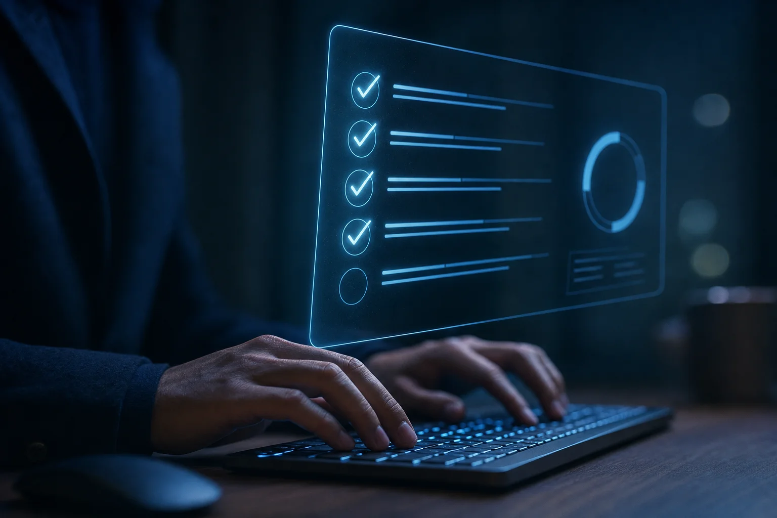 Hands typing at a keyboard beside a glowing checklist of completed tasks