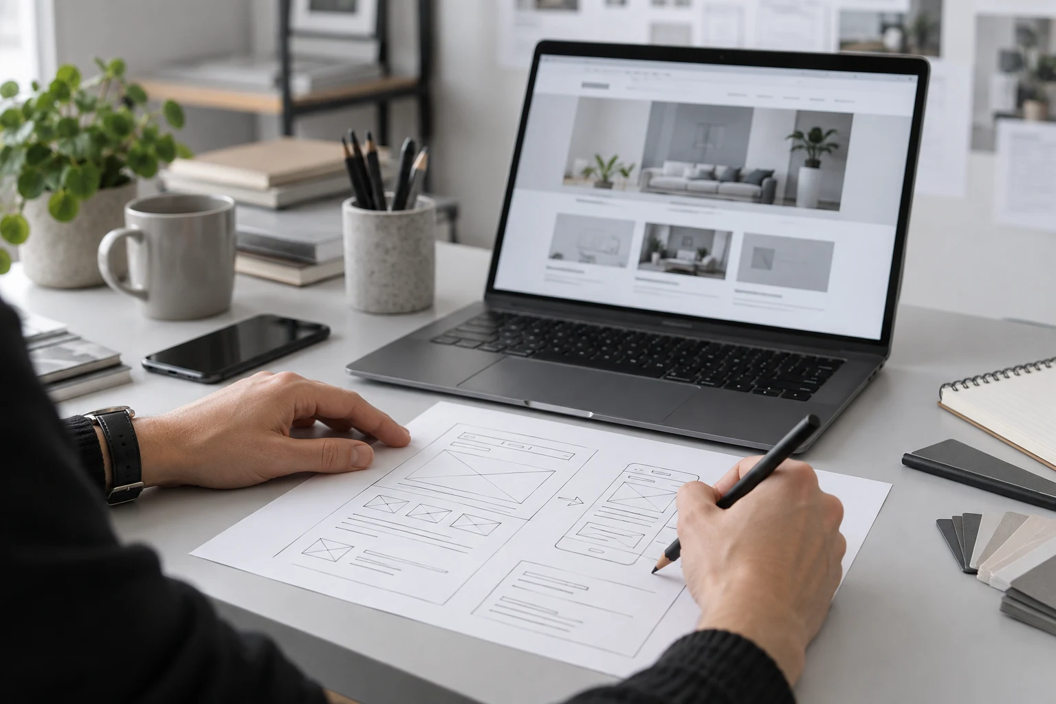 Web designer sketching a responsive website beside a laptop