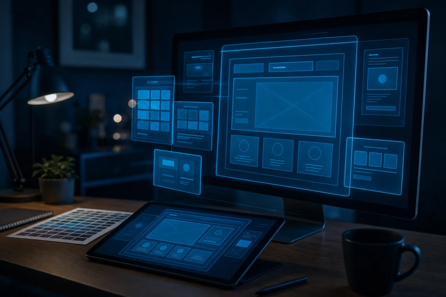 Monitor and tablet projecting a glowing website layout wireframe on a designer desk