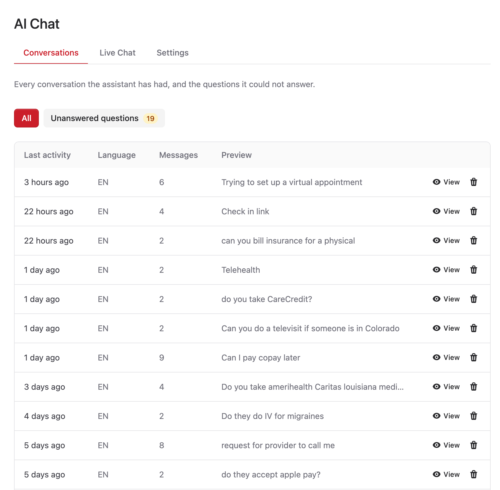 Panel del chat con IA de HealthCARE Express con preguntas recientes de visitantes, como “Trying to set up a virtual appointment” (programar una cita virtual) y “do you take CareCredit?” (¿aceptan CareCredit?)
