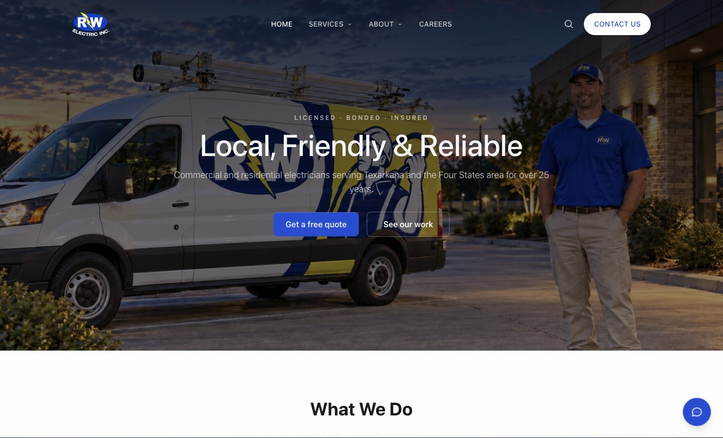 La página de inicio de RW Electric: un técnico sonriente con polo azul de RW junto a una camioneta de RW Electric con su logotipo, bajo el titular “Local, Friendly & Reliable”