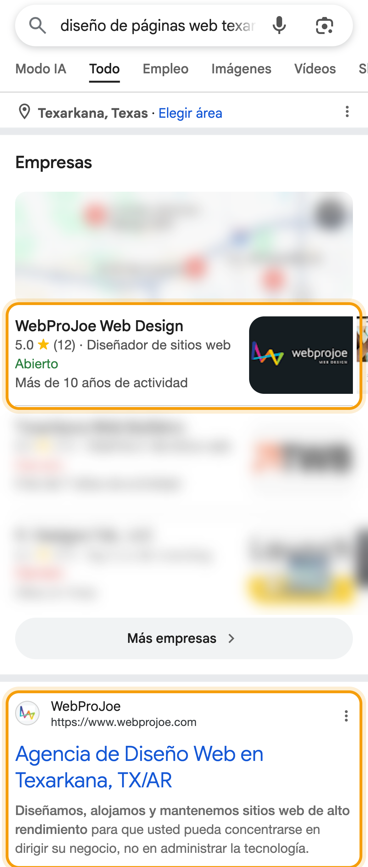Google search on a phone for “diseño de páginas web texarkana” showing WebProJoe first in the business listings and first in the web results