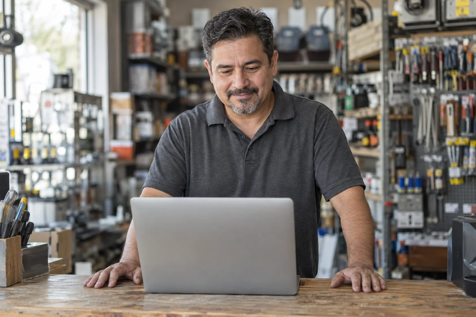 Small business owner reviewing his redesigned website on a laptop at his shop counter